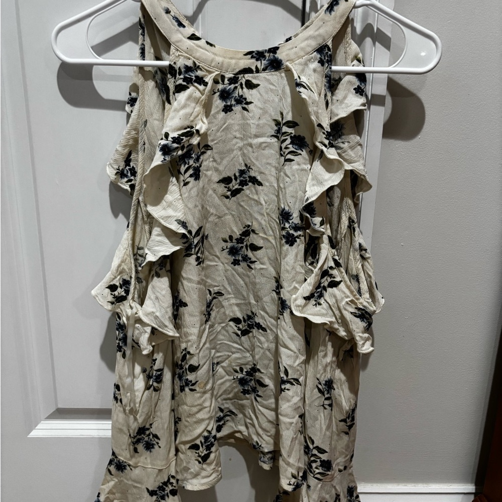 American Eagle Outfitters Floral Ruffle Blouse - Cream and Blue